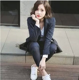2015韩国代购西服套装女小香风百搭条纹小西装修身职业西装两件套