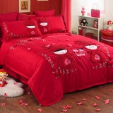 厂家直销 婚庆床品全棉磨毛四件套大红色结婚床上用品床单被罩