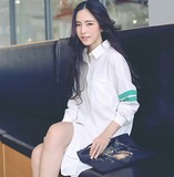2016韩国新款秋装运动休闲学院风单排扣长袖翻领中长款衬衫连衣裙