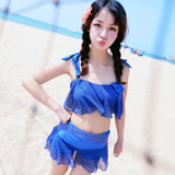 韩版女温泉抹胸蕾丝钢托聚拢性感清新纯色甜美裙式分体平角游泳衣