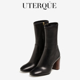 uterque女鞋 西班牙代购专柜正品 女士黑色羊皮高跟短靴 5160/151