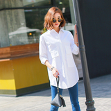 2016夏季时尚朝流韩式宽松少女中长款修身舒适全棉长袖纯白衬衫