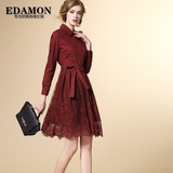 Edamon2016春装新品修身棉拼蕾丝系带衬衣式长袖中款A字摆连衣裙