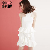 D－PLAY2016夏新款欧美白色提花高腰连衣裙层叠荷叶鱼尾小礼服