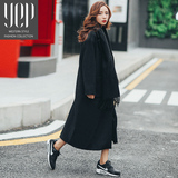 YEP2016春季韩版黑色西装领欧美潮流羊毛尼子女大衣外套毛呢长款