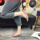 New TB韩国代购新款漆皮低跟铆钉女鞋浅口尖头粉色单鞋工作鞋春夏