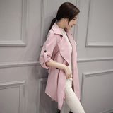 韩国代购2016春秋新款韩版修身显瘦纯粉色中长款气质女式风衣外套