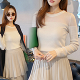 韩国代购2016春秋修身拼接薄款针织蕾丝中长款打底衫T恤女长袖