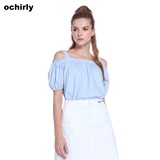 Ochirly欧时力2016新女夏装一字领吊带条纹短袖衬衫1HN2012870
