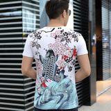 夏季中国风男装鲤鱼印花短袖t恤男纯棉圆领修身半袖白色个性体恤