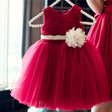 女童春夏礼服裙红色背心无袖公主裙儿童主持人婚礼婚纱花童演出服