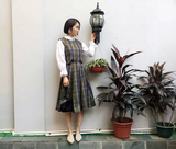 韩国秋冬新款复古vintage格子毛呢背心+高腰大摆伞裙两件套套装