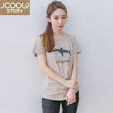 韩国夏季鲨鱼卡通印花宽松韩版学生纯棉短袖T恤女中长款女士上衣