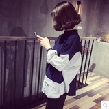 2016春新款韩版宽松显瘦半高领套头卫衣条纹长袖拼接上衣女学生潮