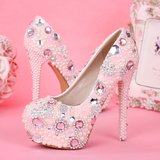 粉色珍珠花朵新娘鞋超高跟防水台女单鞋细跟公主圆头水晶婚鞋春款
