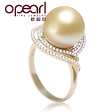 opearl珠宝 奢华 天然珍珠戒指女18K黄金镶钻 正圆南洋金珠送妈妈