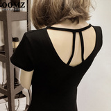 OOMZ夏款韩版性感黑色露背t恤女短袖修身白色t圆领体恤紧身上衣女