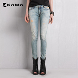 卡玛KAMA 夏季新款女装 时尚水洗磨破百搭修身牛仔裤 7215365