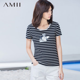 艾米AMII女装2016夏装卡通印花修身海魂衫女短袖海军风横条纹T恤