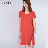 Amii[极简主义]2016女夏新款大码圆领短袖气质修身连衣裙性感中裙