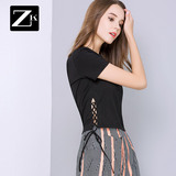 ZK镂空系带短袖T恤短款修身显瘦时尚上衣百搭衣服2016夏新款女装