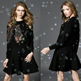 2015秋冬装新款欧美时尚小黑裙订珠百搭上衣+针织半裙时尚套装女