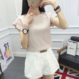 夏季韩版女装时尚喇叭袖木耳边修身镂空甜美女短袖雪纺衫上衣T恤