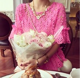 2016韩版太阳花喇叭袖短款宽松大摆女上衣 粉色镂空蕾丝衫短袖