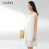[惠]Amii女装旗舰店雪纺中裙子拼蕾丝大码背心连衣裙