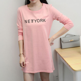 2016初秋新款韩版套头字母印花圆领长袖中长款T恤女装上衣打底衫
