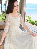 2016春季装新款五分袖米黄色蕾丝刺绣连衣裙复古仙女沙滩裙长裙子