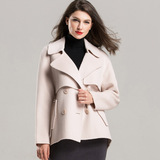 卡拜2015冬新翻领粉色长袖短款双排扣手工缝制双面羊绒大衣外套女