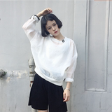 夏装新款韩版宽松圆领白色长袖T恤 韩国百搭显瘦欧根纱上衣女学生