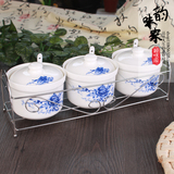 青花瓷欧式陶瓷调味罐创意日式厨房用品储物罐调料盒三件套装包邮