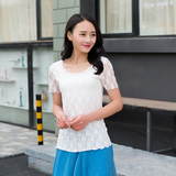 2016夏季新款韩版女装短袖T恤上衣钩花镂空蕾丝衫修身显瘦打底衫
