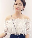 韩国代购雪纺衫女夏装甜美镂空一字领短袖上衣性感露肩蕾丝打底衫