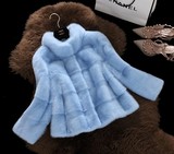 2015冬季新款 短款仿水貂皮草外套 女士韩版修身立领条纹貂皮大衣