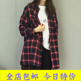韩国潮范学院风大格子中长版衬衫女长袖BF宽松上衣学生薄款外套女