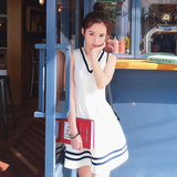 2016韩版针织连衣裙修身深V领高腰撞色条纹无袖收腰露背短裙子