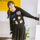 2016春秋新款韩国代购宽松大码薄款卫衣女蝙蝠长袖卡通贴布T恤衫