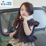 韩国童装女童 冬季新款 时尚花边儿童纯色拉链背心 女童加绒马甲