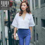 YEP2016夏季新品韩版V领宽松蝙蝠袖短款棉T恤衫露腰短袖小上衣女