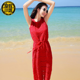 度假小姐夏新款红色连衣裙蕾丝裙中长款镂空背心裙包臀海边沙滩裙