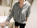 韩国代购女装 n9正品秋装 流行时尚宽松 长袖 竖条纹气质休闲衬衫