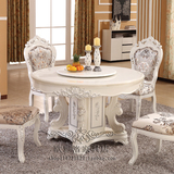 欧式大理石象牙白雕花圆形餐台餐桌椅组合 实木饭桌子旋转转盘