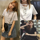2016夏装新款韩版V领绑带纯色短袖T恤女学生修身显瘦气质百搭上衣