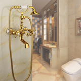 金色简易花洒 全铜仿古浴缸龙头 欧式陶瓷升降淋浴头旋转下出水