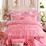 婚庆床上用品六八九十四件套多件套心心相印蕾丝花边粉色床裙款