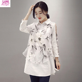 衬衫女长袖假两件2016韩国学生雪纺上衣春夏新款印花宽松大码衬衣