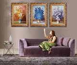 现代纯手绘美式花卉三联画欧式油画田园客厅玄关卧室装饰画有框